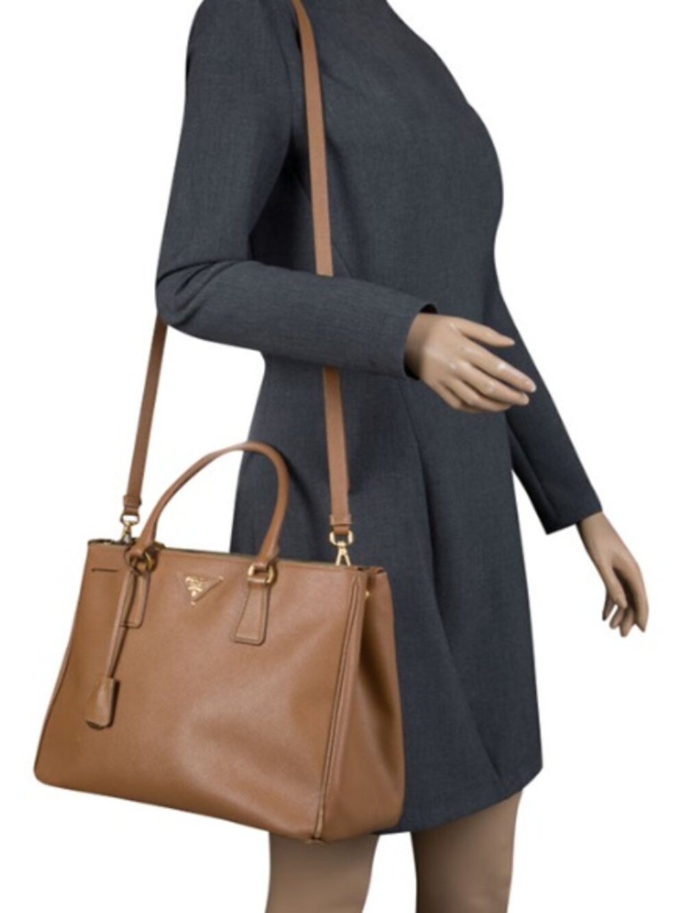 New Prada Brown Saffiano Lux Leather  Double Zip Tote - Picture 3 of 15